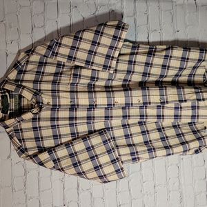 Men's LOAFERS Size XL blue tan plaid Shirt button down wrinkle resistant